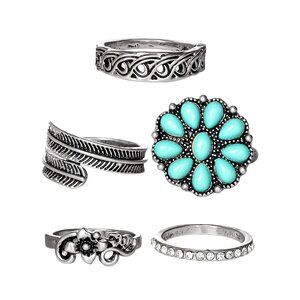 Jessica Simpson Faux Silver Tone  Turquoise Stone Ring Set  Set of‎ 5